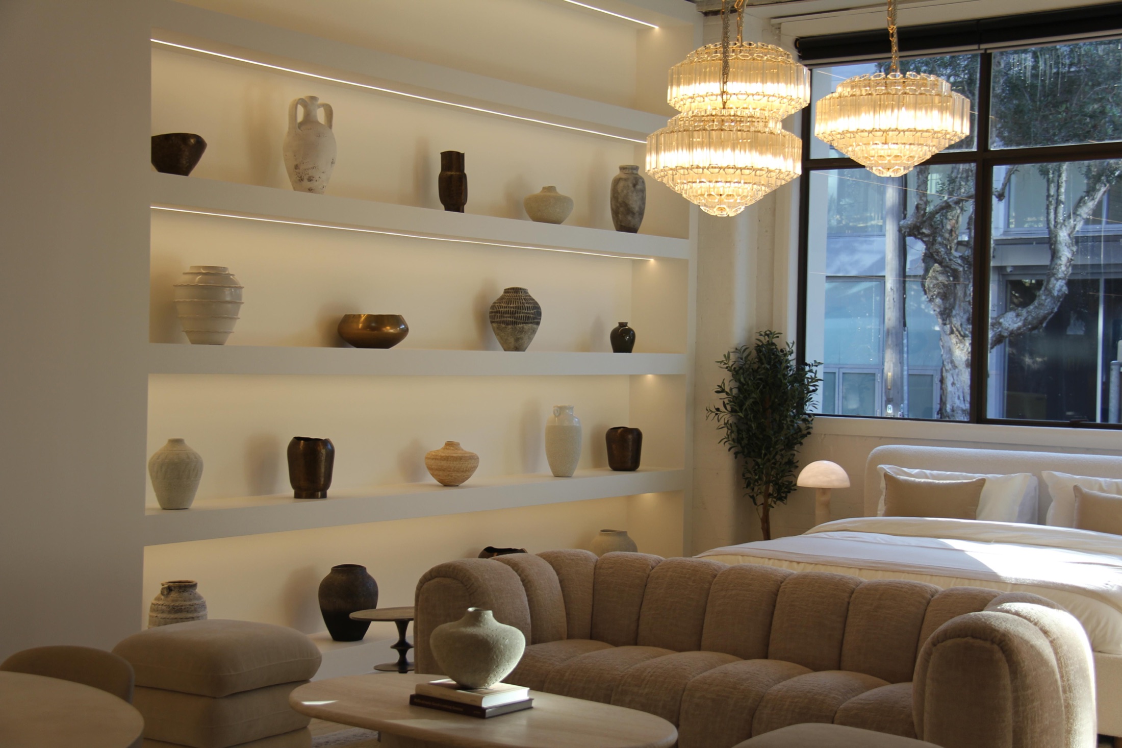 Built-in shelving carried up to the window line